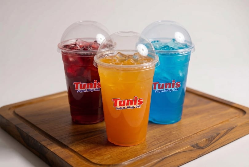 Three Tunis branded drinks, red, orange, and blue, with ice on a wooden tray.
