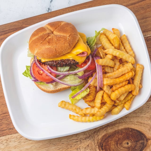 Cheeseburger with 5 Wings Fries and Small Drink.